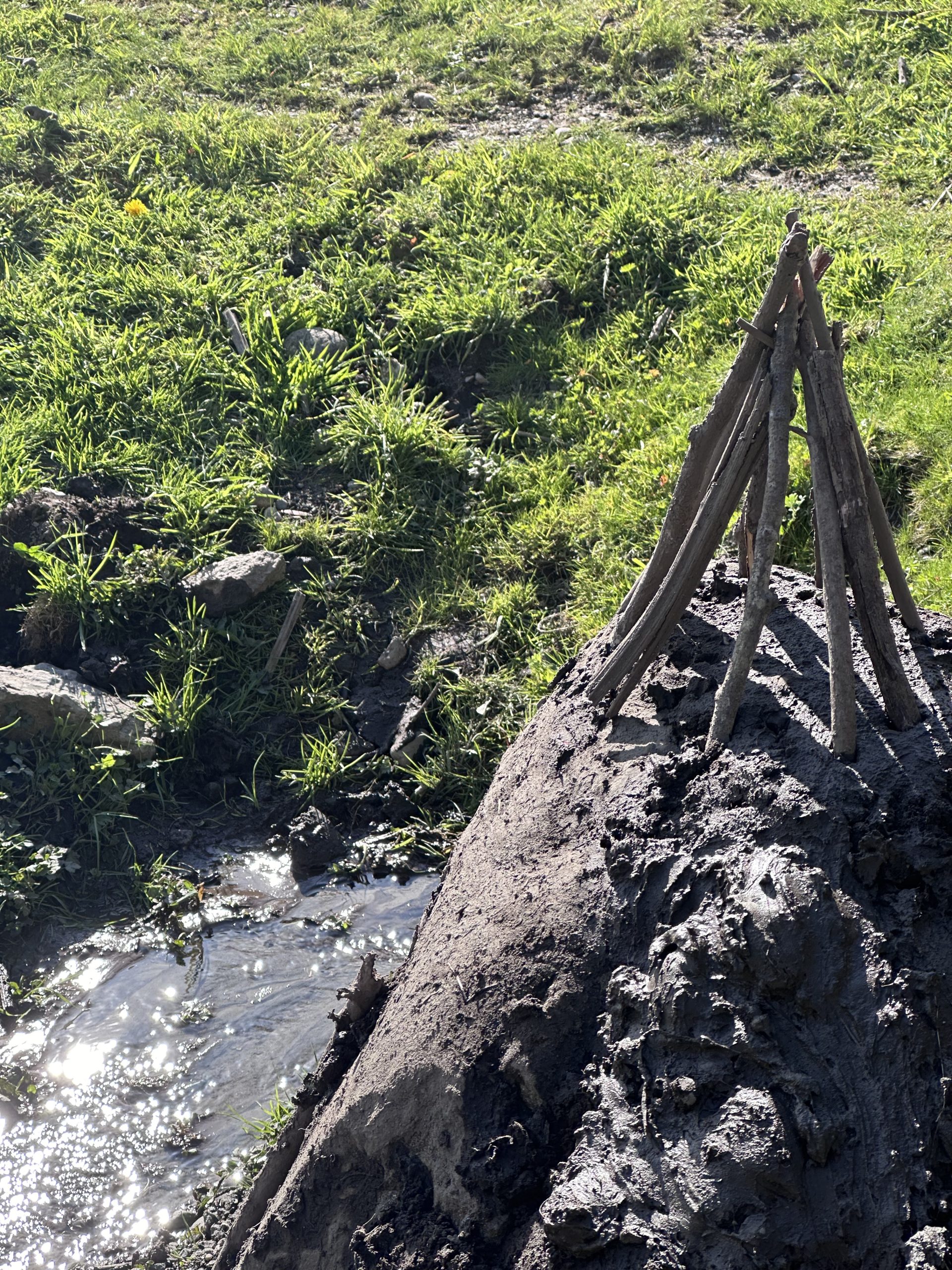 A cone made of sticks sits atop a large boulder with grass and water in the background.